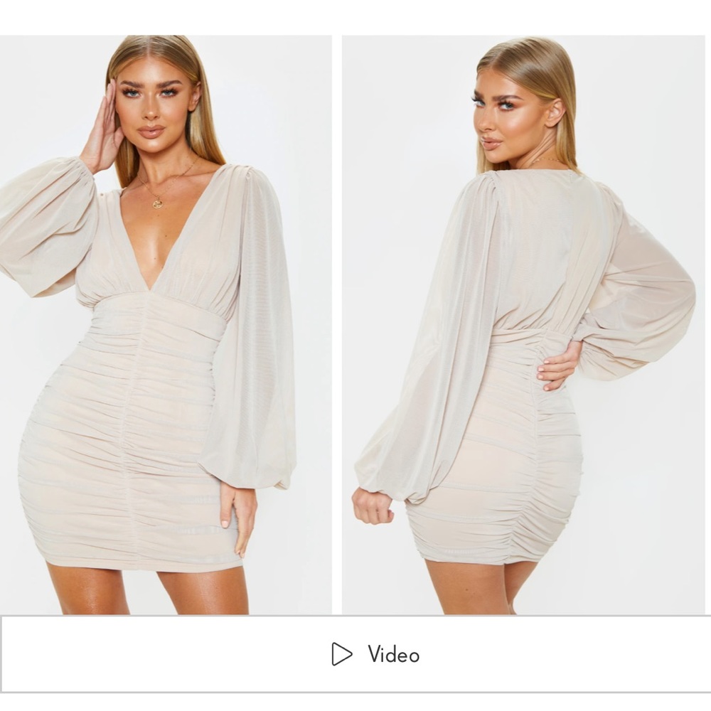 Stone Mesh Ruched Balloon Sleeve Bodycon Dress - Picture 3 of 3